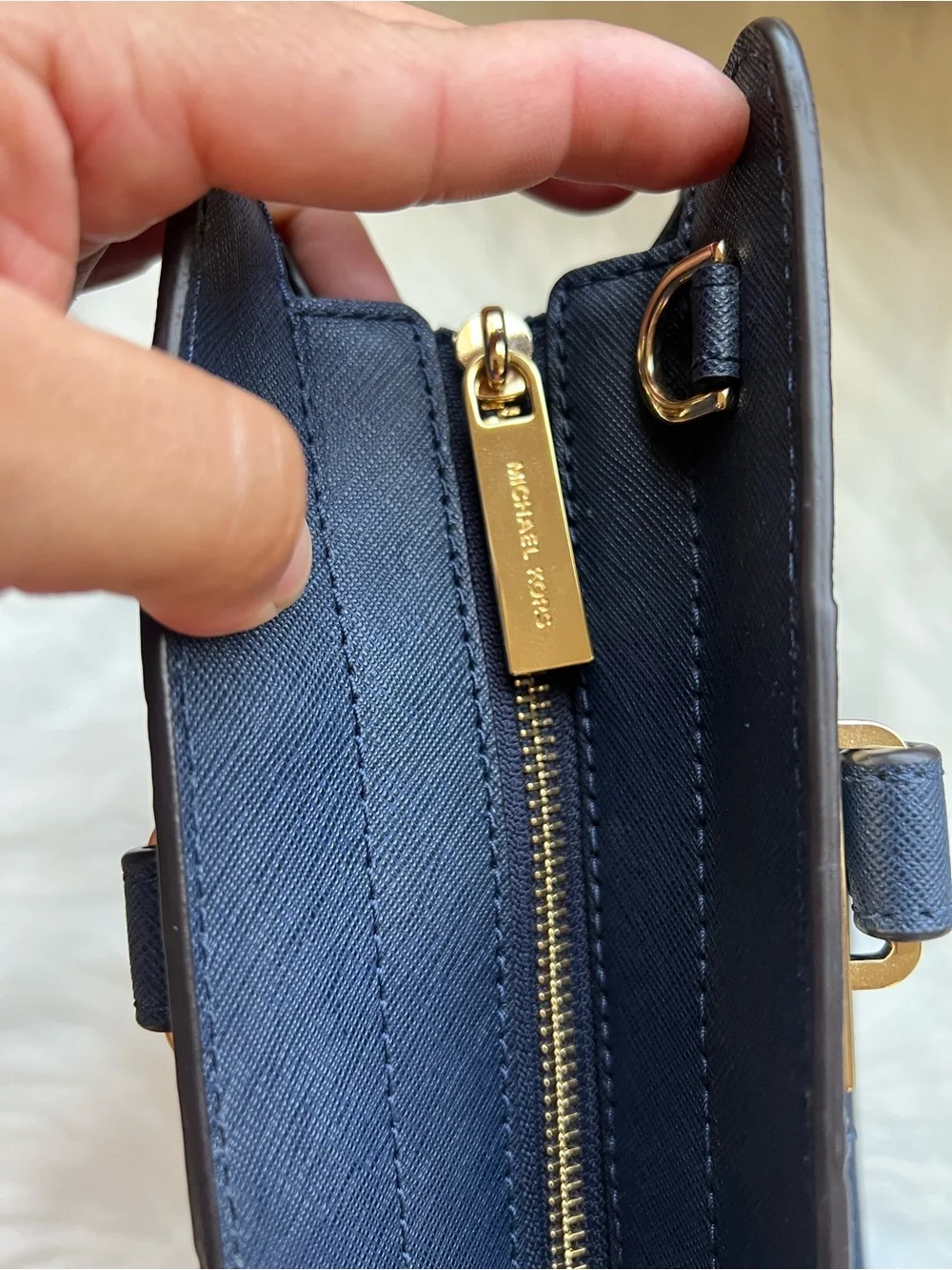 Michael Kors Navy Saffiano Satchel with Gold Hardware